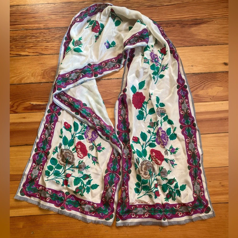 Floral Embroidered Cream Scarf with Pink Border